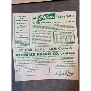 Vtg Preferred Finance Co Philadelphia Cash Credit Certificate Ephemera Envelope